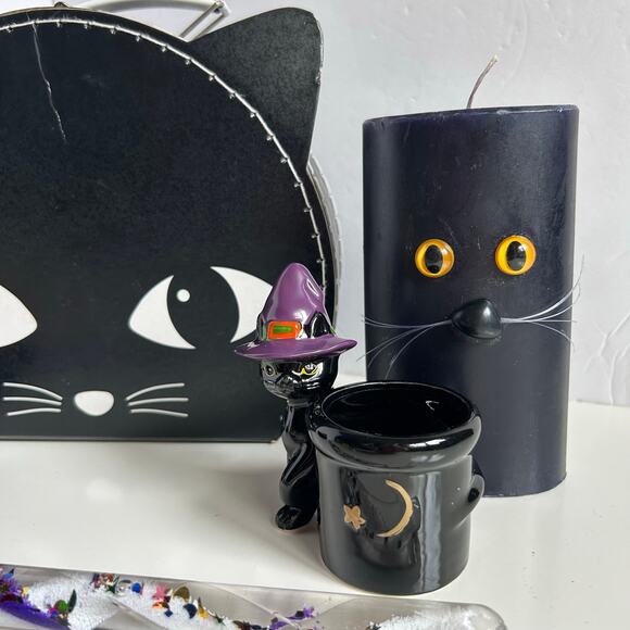 Halloween Lot Black Cat Box Candle Holder Cauldron Wand Spooky Decor - Picture 3 of 11